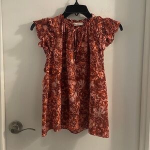 Ulla Johnson sz 4 Gabi Floral ruffle trim cap slv v-neck tie at neck top blouse